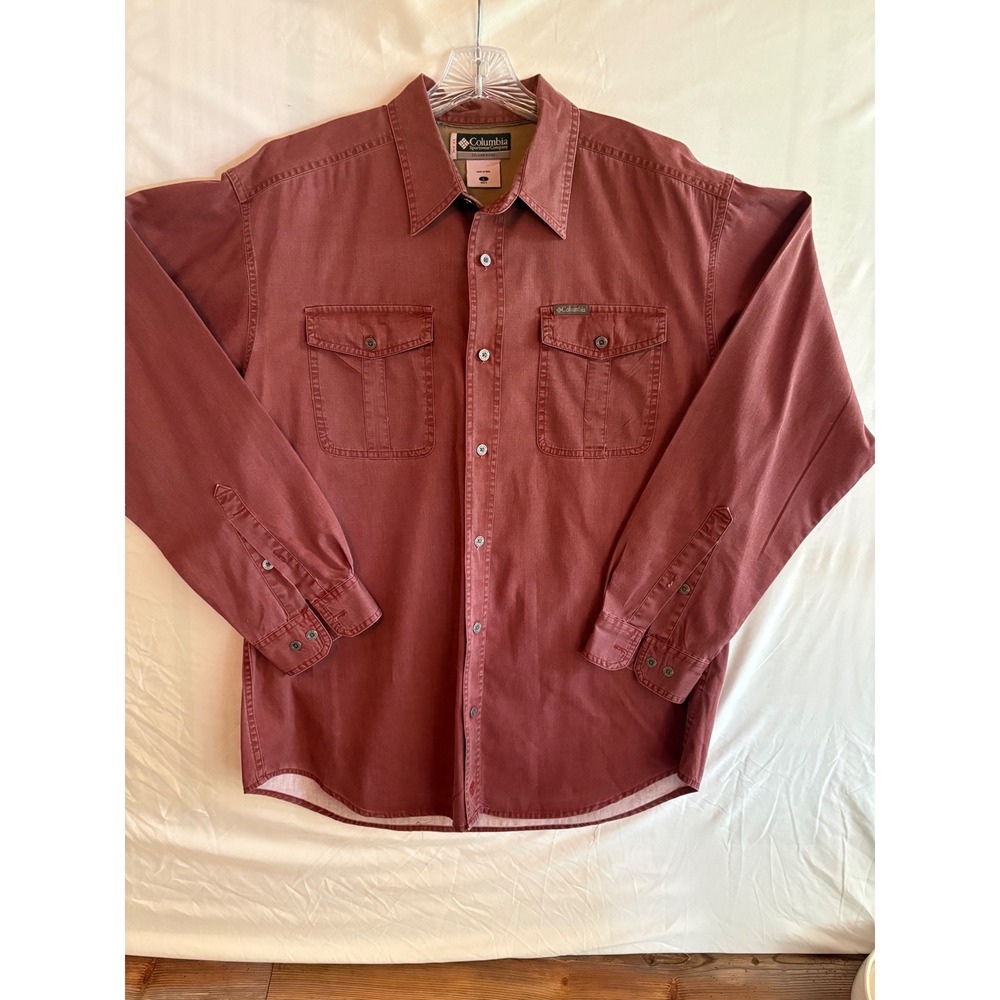 Columbia Sportswear XCO Mens Large Red Cotton Button Down Utility Shirt AM7696